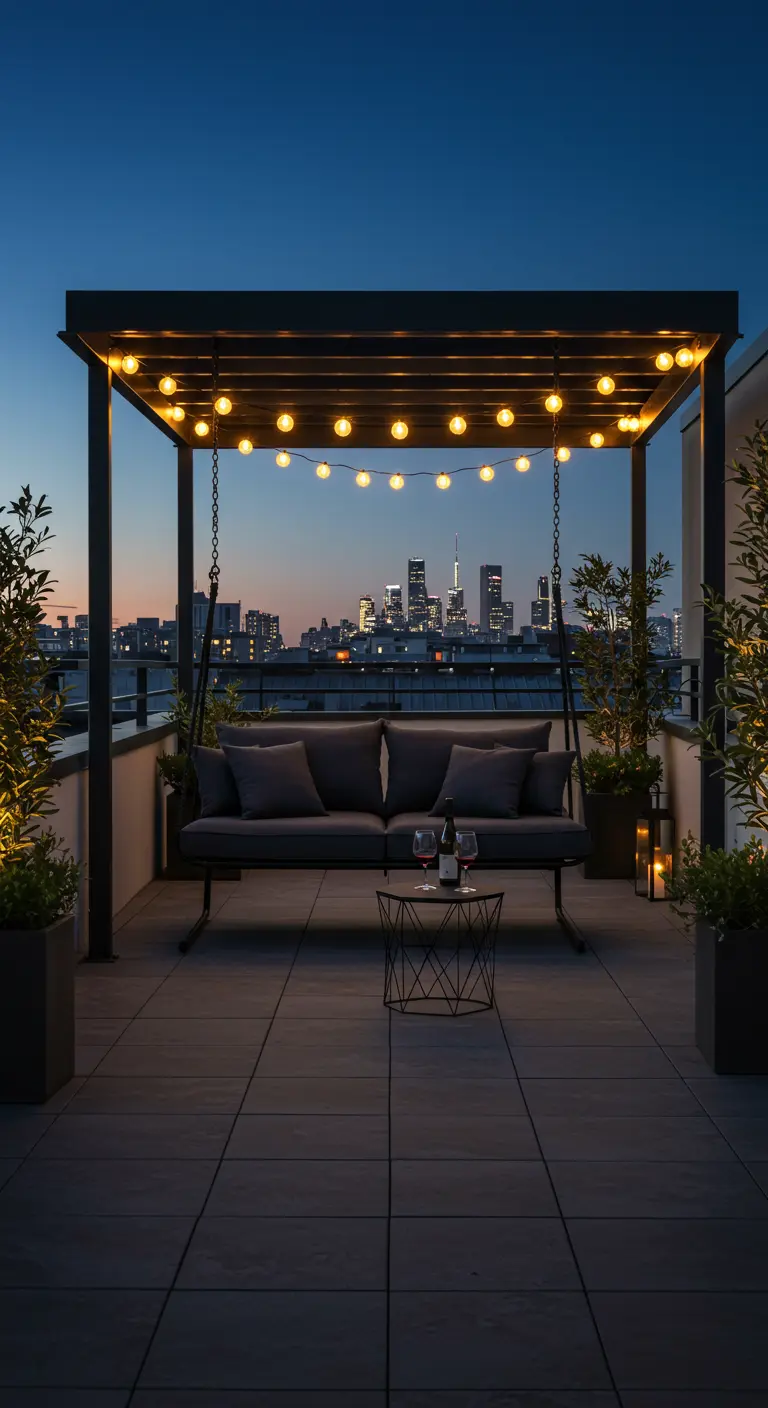 Moderne duo-hangstoel onder pergola op dakterras met stadszicht en lichtslingers.