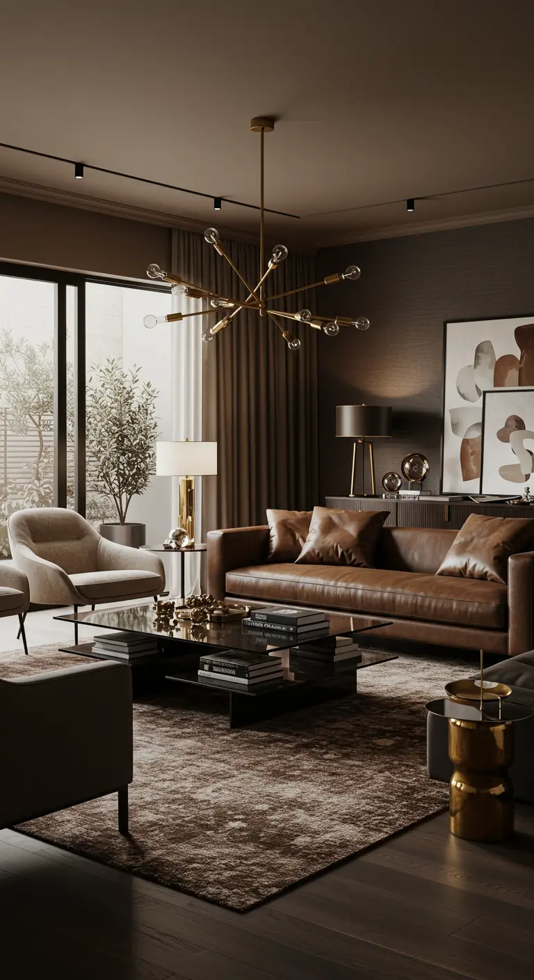 Luxe bruine woonkamer met leren bank, glazen salontafel en moderne spinnen-kroonluchter.