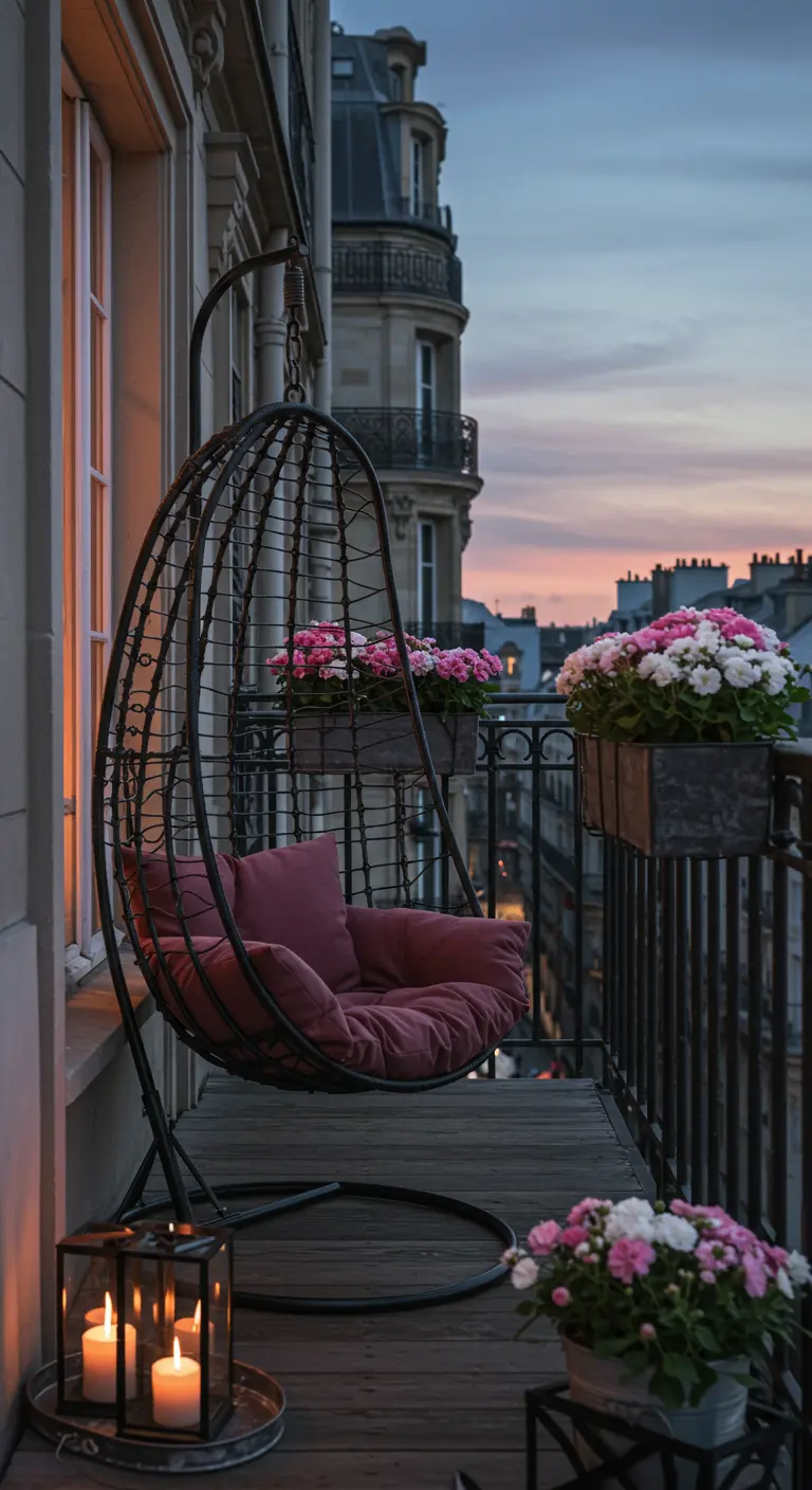 Zwarte eivormige hangstoel op stadsbalkon met donkerroze kussens, kaarsen en bloemen.