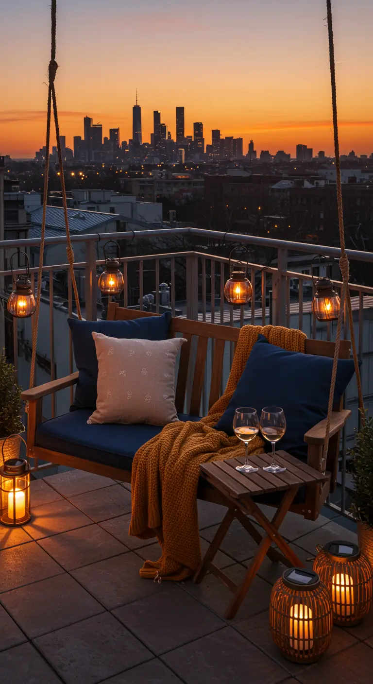Houten schommelbank op balkon met uitzicht op de stad, lantaarns en wijn.