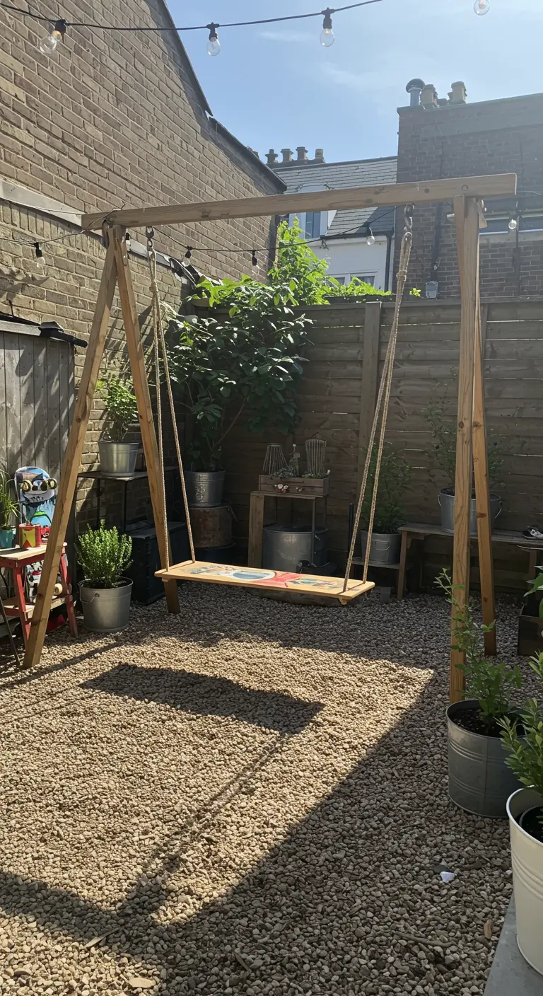 Houten plankenschommel aan een A-frame in een stadstuin met grind en planten in emmers.