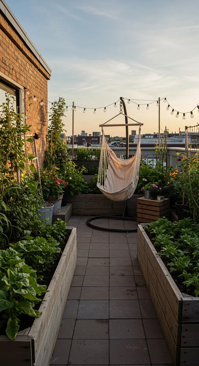 Canvas hangstoel op een dakterras met houten moestuinbakken en lichtslingers.