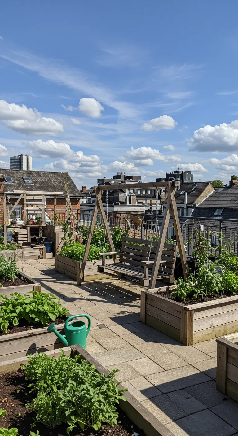 Houten schommelbank op een dakterras met moestuinbakken en uitzicht over de stad.