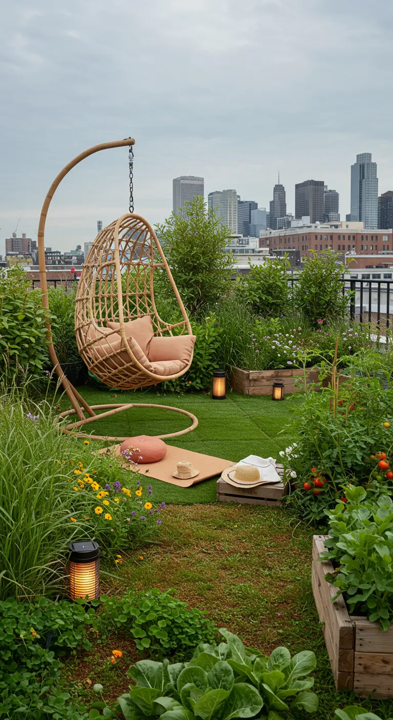 Rotan hangstoel in daktuin met moestuinbakken en uitzicht op de stad.