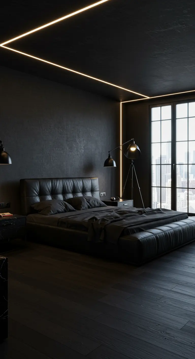 Moderne zwarte slaapkamer met leren bed, skyline uitzicht, en geometrische LED-verlichting.