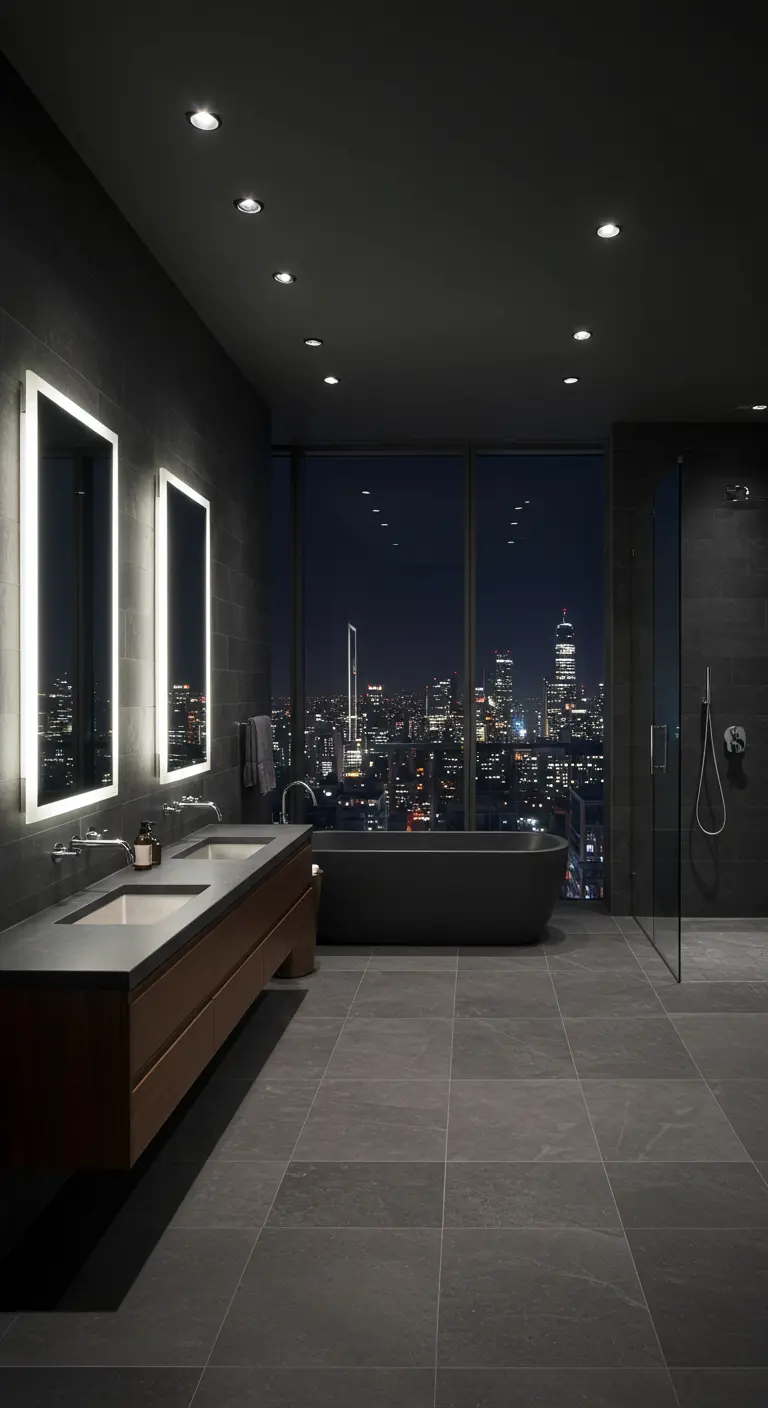 Donkere badkamer met panoramisch uitzicht op een stad en moderne, verlichte spiegels.