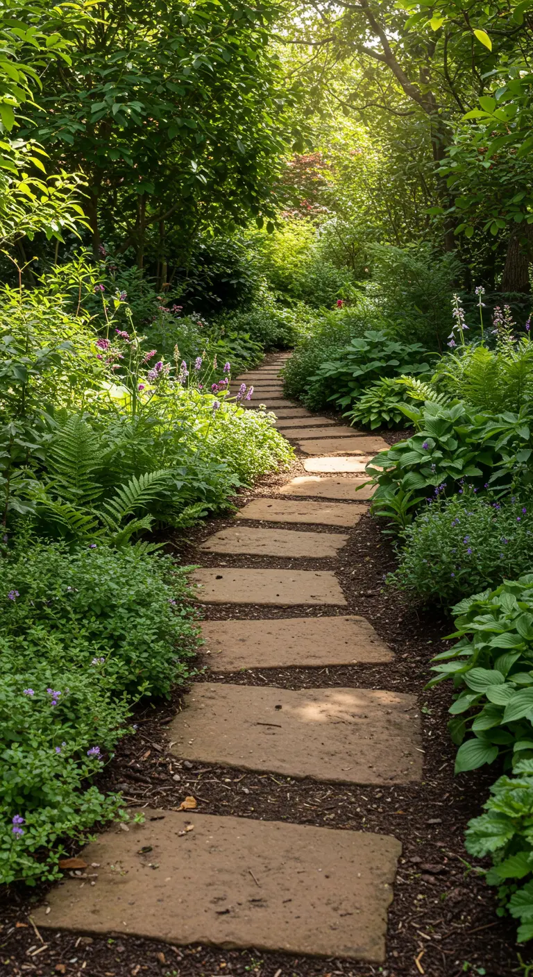 Natuurlijk tuinpad met onregelmatige stapstenen tussen weelderig groen.