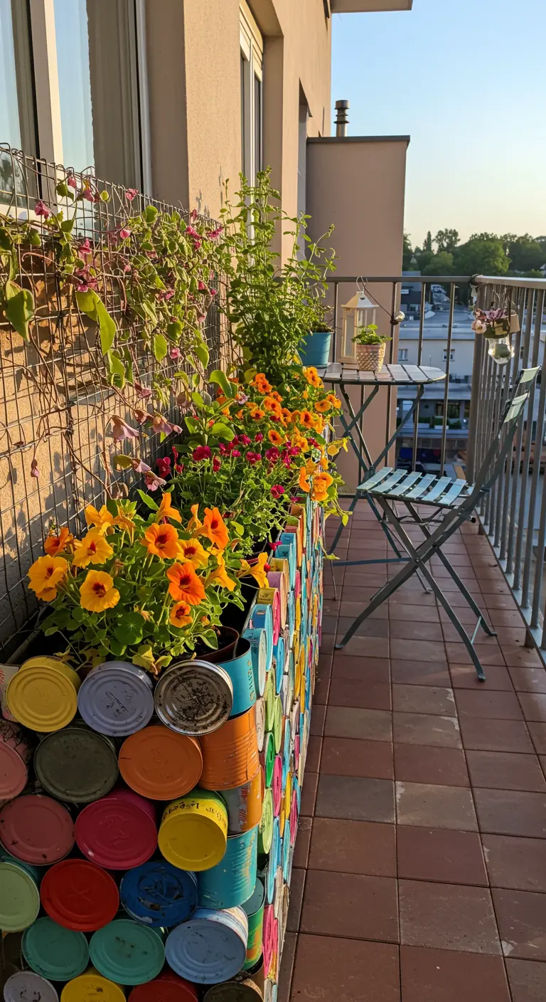 Verticale bloembakkenwand gemaakt van gestapelde, kleurrijk geschilderde metalen blikken op een balkon.