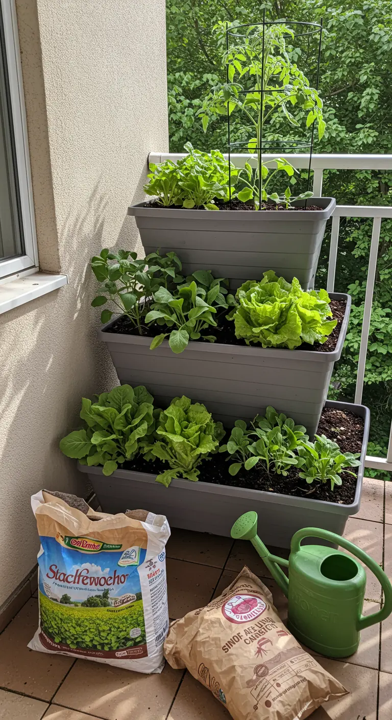 Grijze getrapte plantenbak op een balkon, gevuld met diverse soorten sla en jonge groenteplantjes.