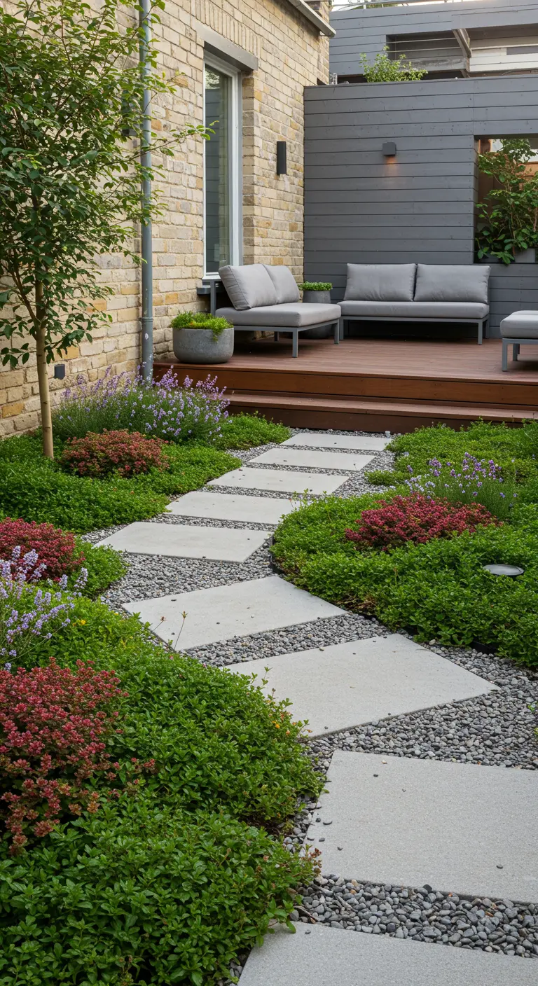 Modern tuinpad met grote lichte stapstenen in grijs grind, omringd door lage groene en rode planten.