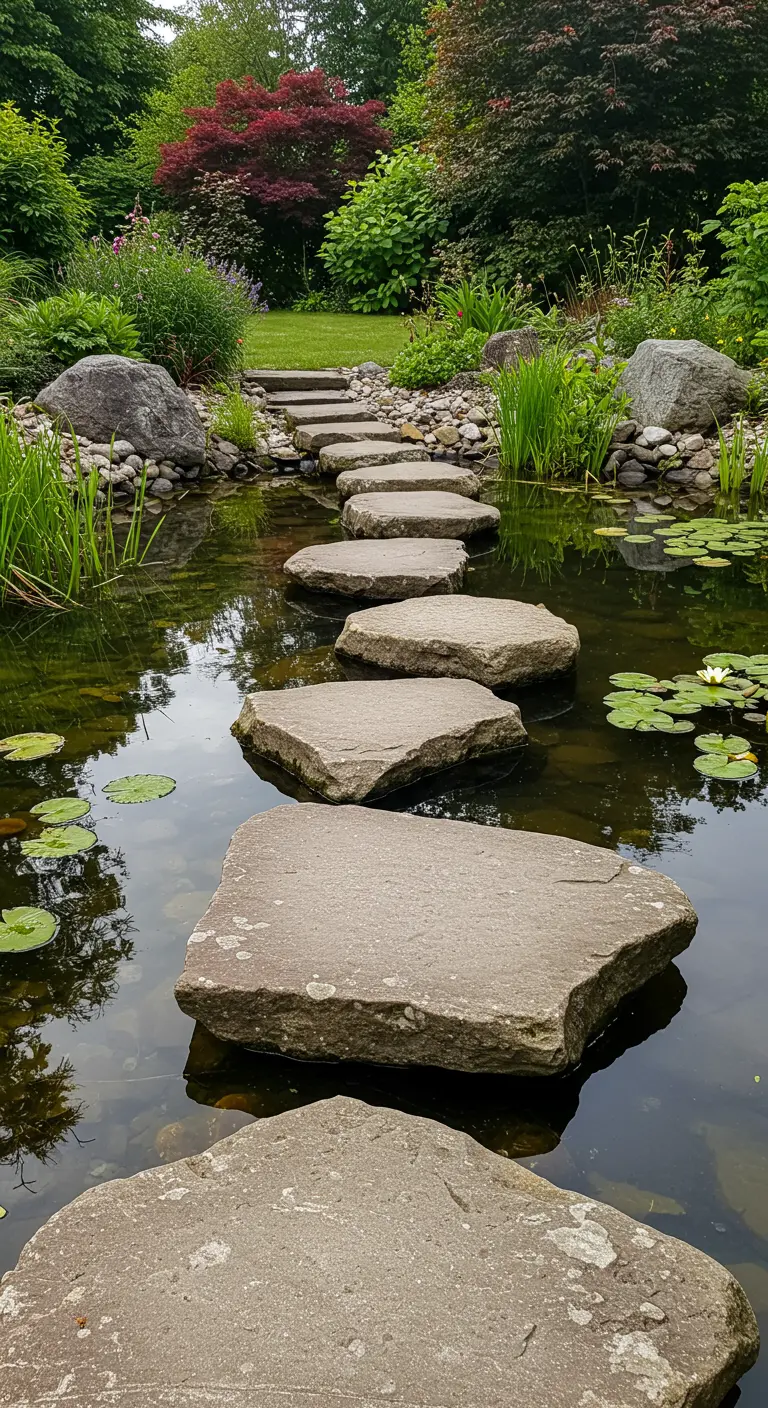 Reeks van grote, platte natuurstenen als stapstenen door een vijver met waterlelies.