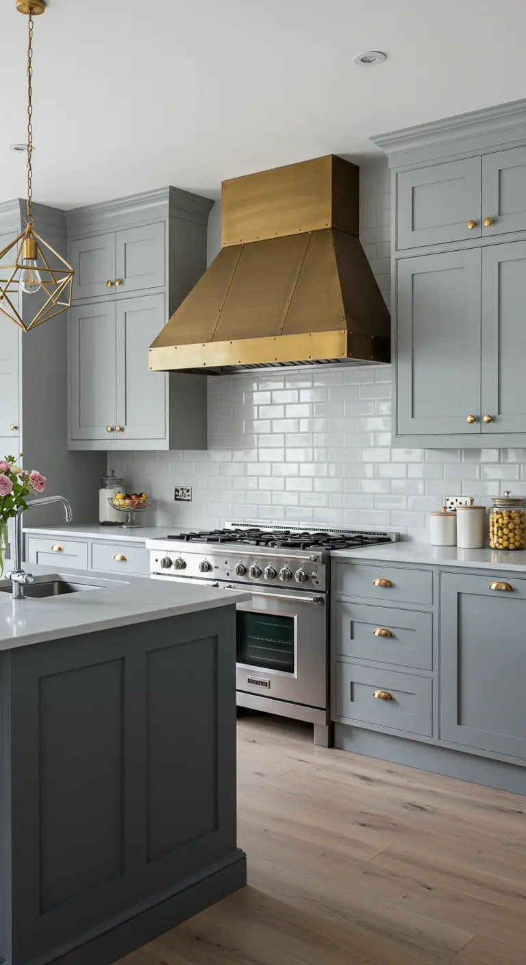 Grijze keuken met grote messing afzuigkap, witte metrotegels en messing knoppen en lamp.