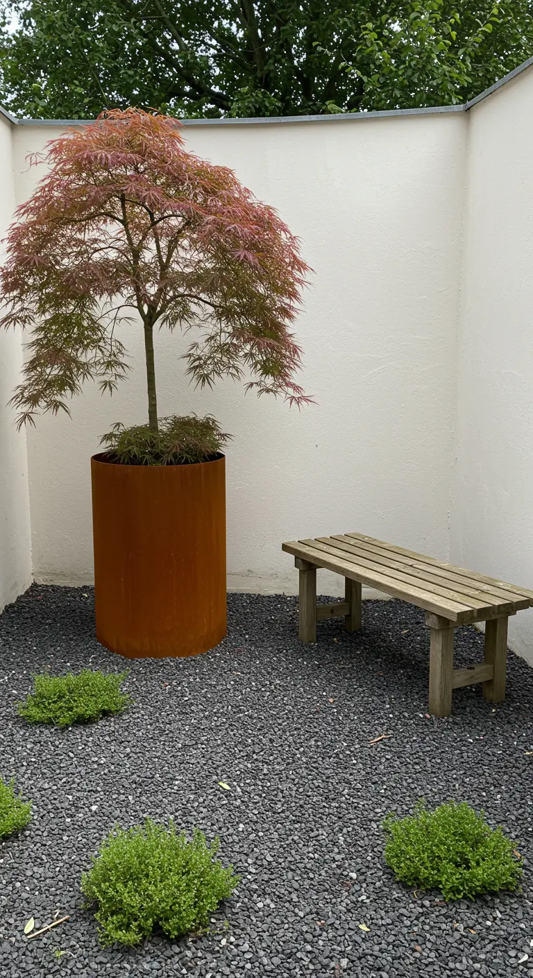 Minimalistische tuinhoek met Japanse esdoorn in een ronde cortenstalen pot, donker grind en houten bankje.