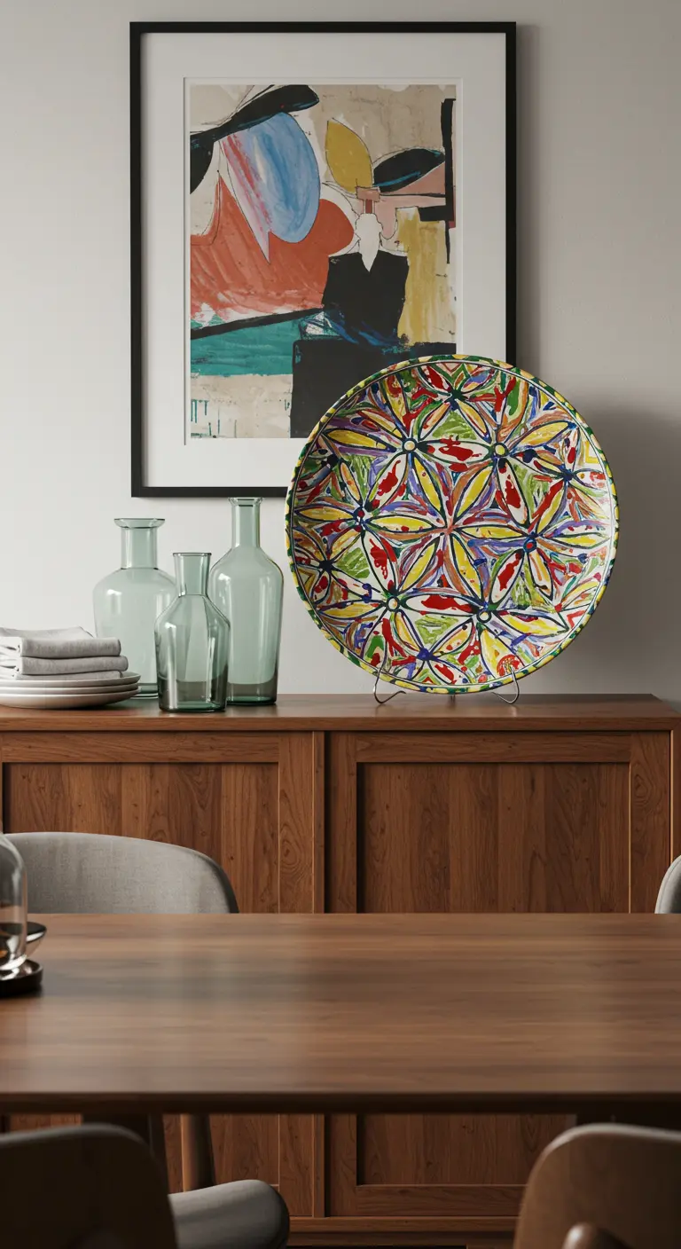 Groot, kleurrijk decoratief bord op een standaard op een houten dressoir, met kunst aan de muur erachter.