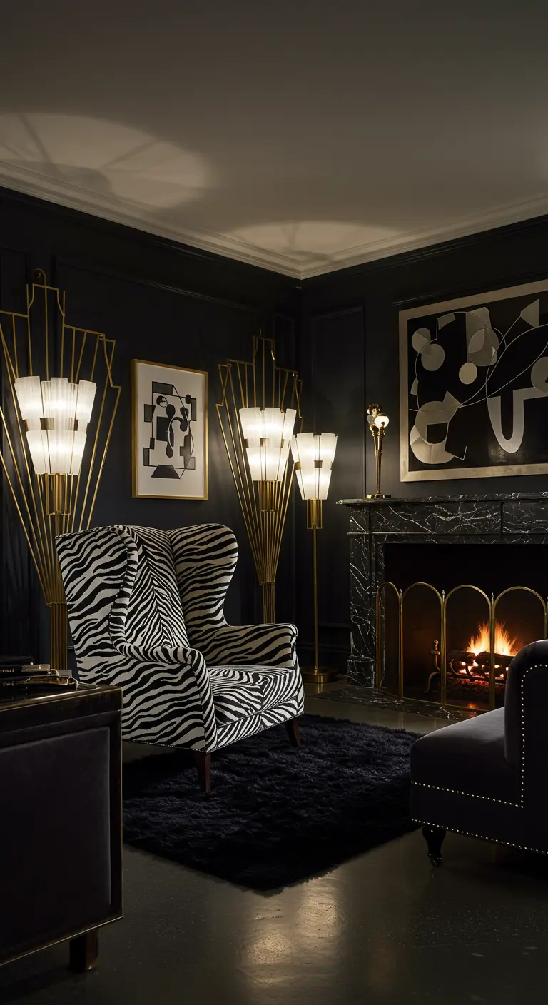 Donkere woonkamer met zebraprint fauteuil, messing sculpturale lampen en abstracte kunst.