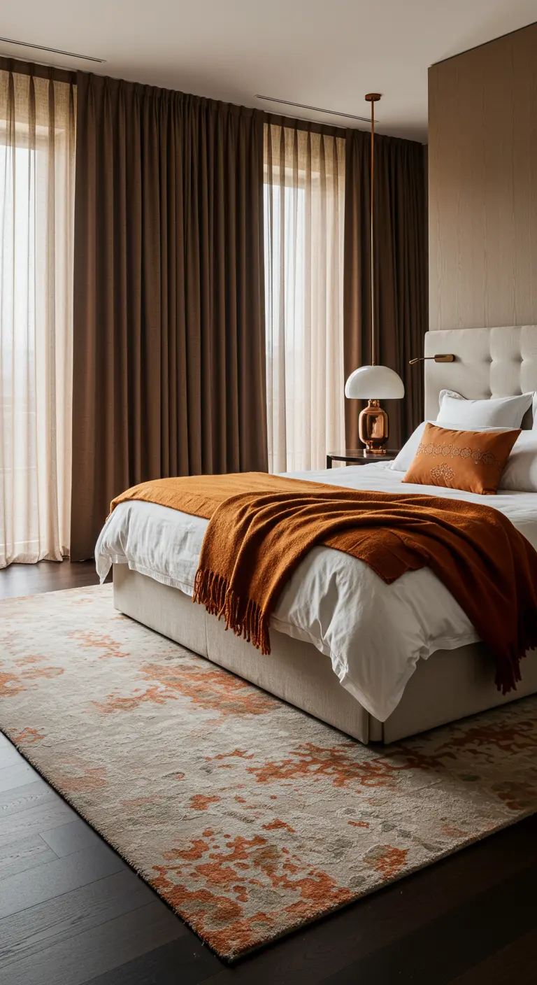Slaapkamer met lange bruine gordijnen, wit beddengoed, oranje kussen en koperen lamp.