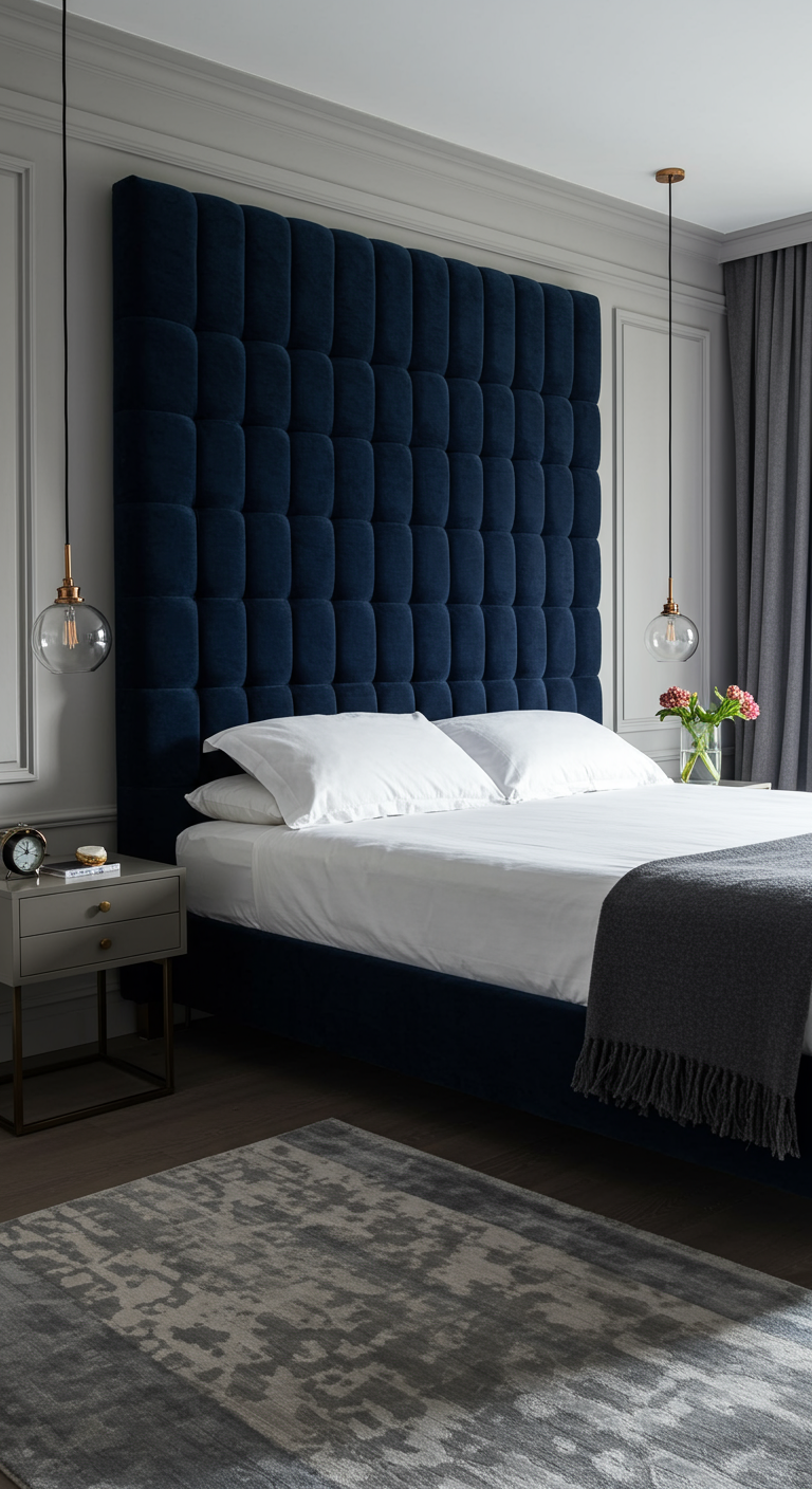 Slaapkamer met extra hoog donkerblauw fluwelen gecapitonneerd hoofdbord en hanglampen.