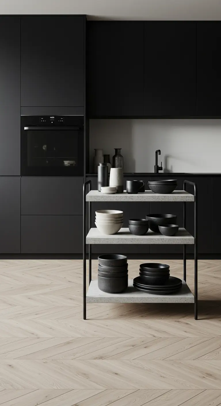 Zwarte keukentrolley met grijze terrazzo-look planken en zwart-wit keramisch servies in moderne keuken.