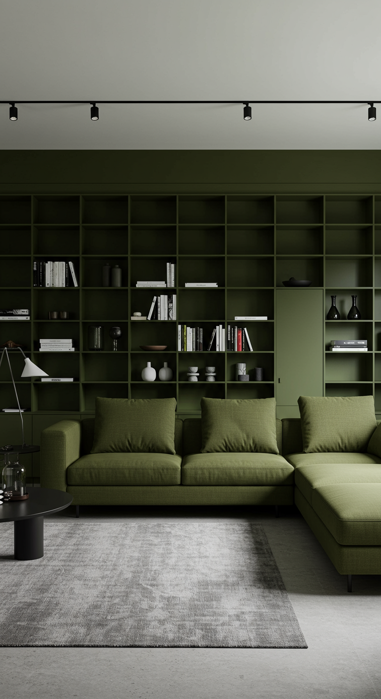 Moderne woonkamer met een volledige olijfgroene kastenwand en bank.