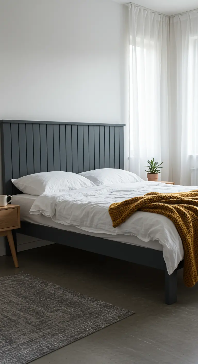 Donkergrijs geverfd IKEA bedframe met okergele sprei in lichte slaapkamer.