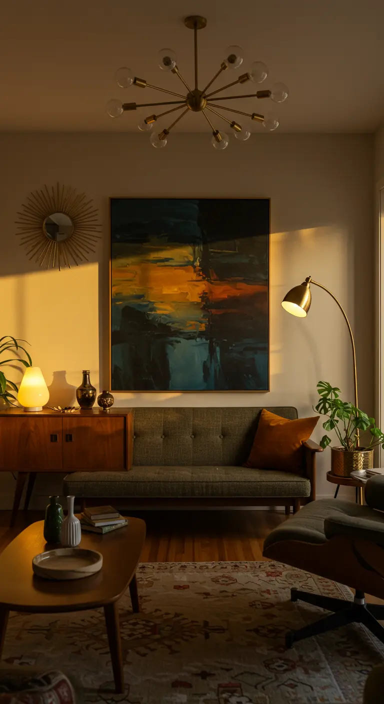 Woonkamer met groot abstract schilderij boven groene bank, verlicht door staanlamp.