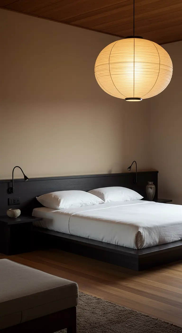 Japandi slaapkamer met donker houten bed en grote papieren lampion hanglamp.