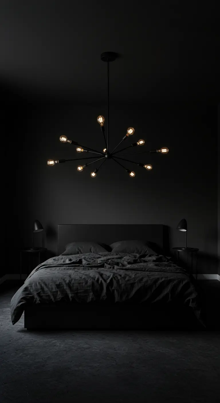 Zwarte slaapkamer met industrieel bed, donkere muren en een grote, sputnik-achtige hanglamp.