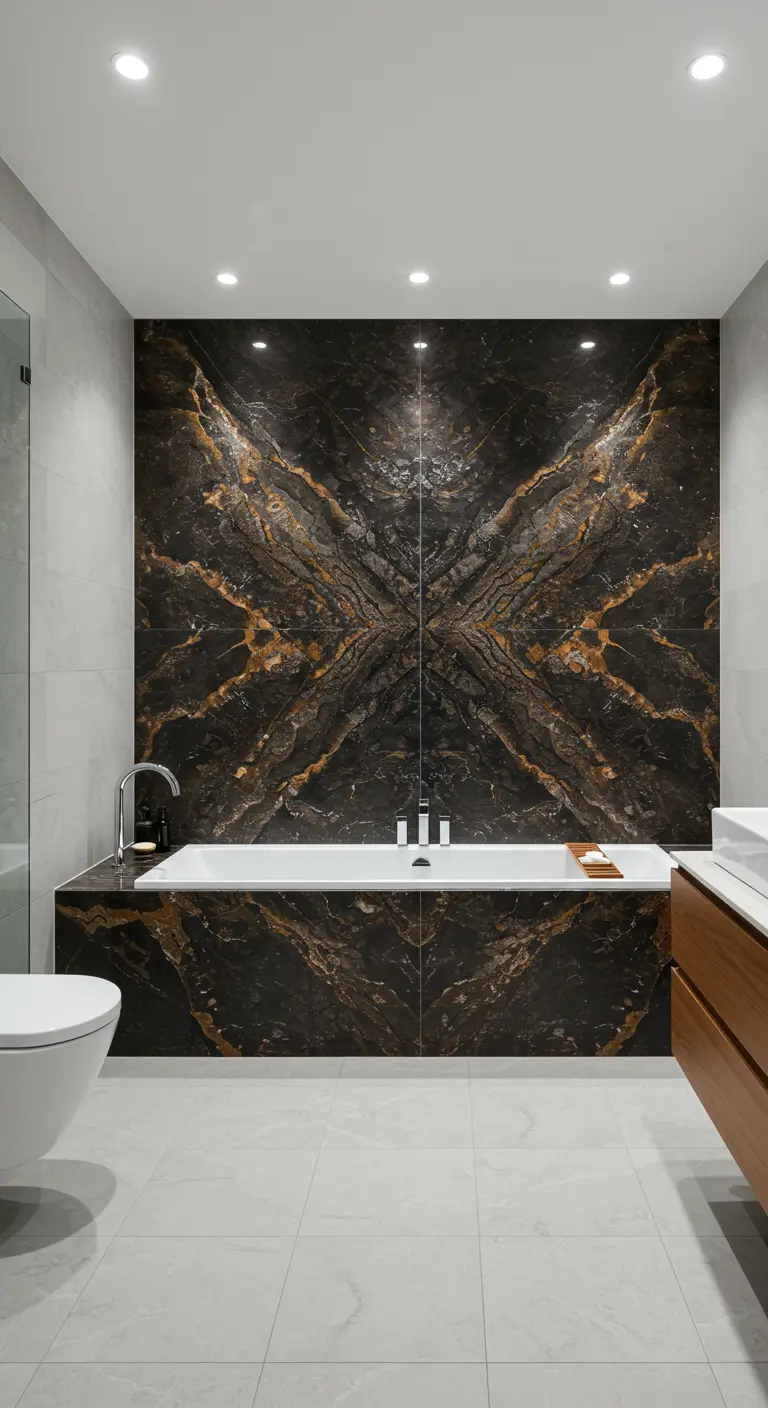 Moderne badkamer met een dramatische, bookmatched marmeren accentwand achter het bad.