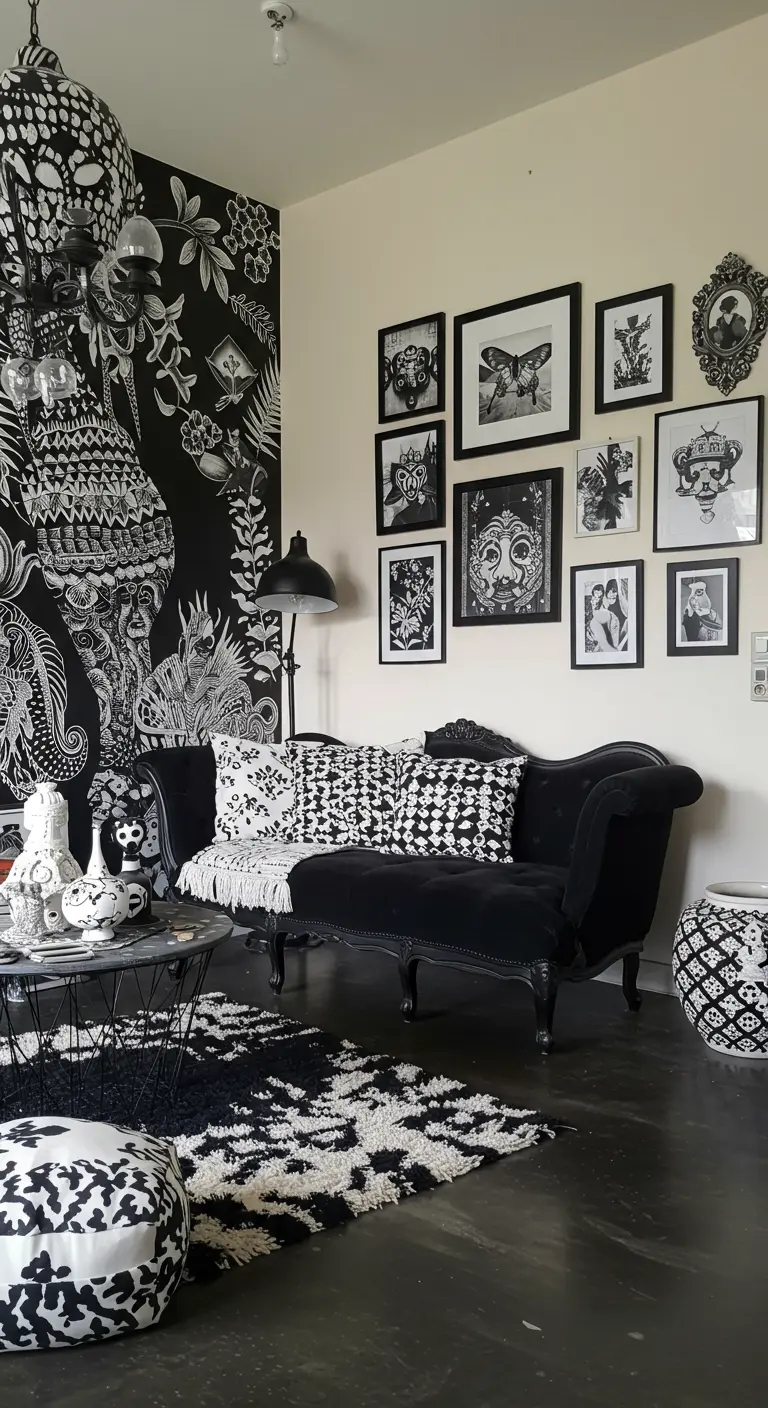 Eclectische woonkamer met zwart-wit muurschildering, zwarte bank en fotogalerij.