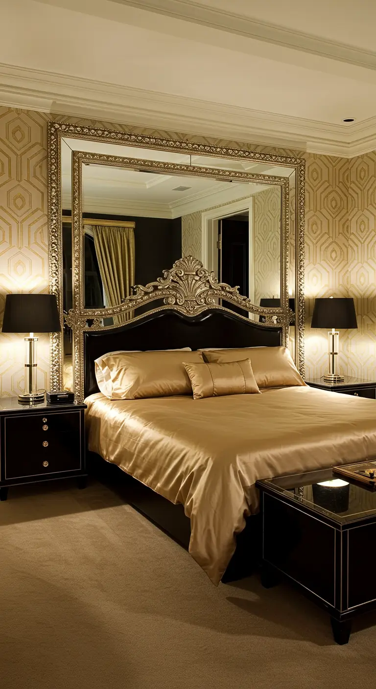 Luxe slaapkamer met een zeer grote, sierlijke spiegel achter het bed.