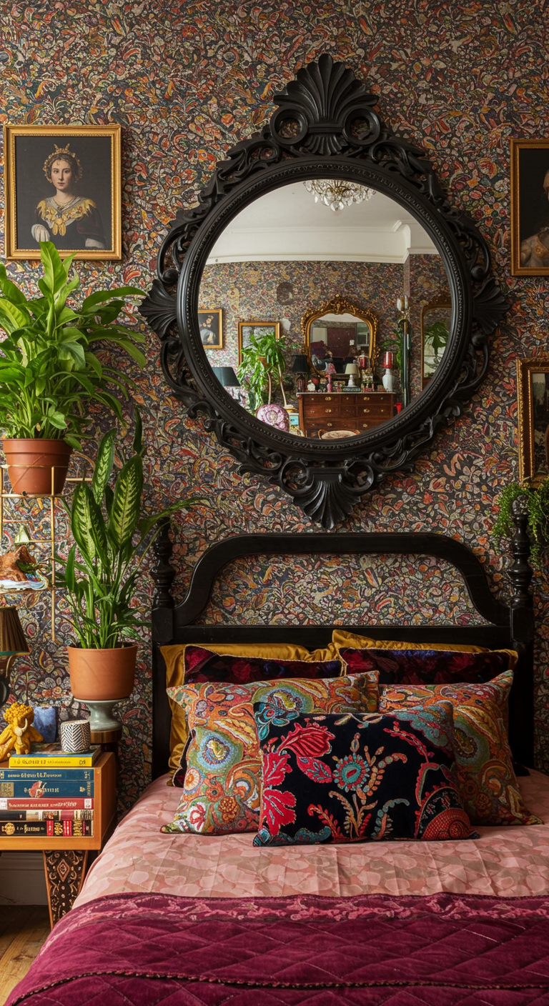 Grote, ronde, sierlijke zwarte spiegel boven bed tegen een muur met bloemenbehang.