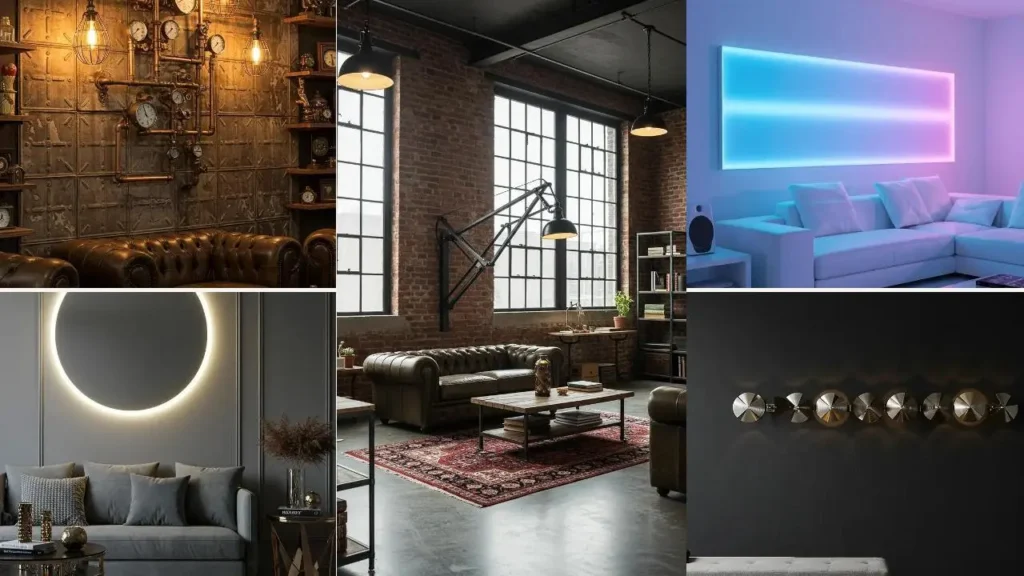 Inspirerende statement-wandlampen: een collage van 5 verschillende interieurs met unieke wandlampen.