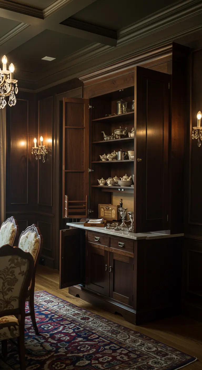 Grote, donkerhouten klassieke voorraadkast in een chique eetkamer met gedimd licht.