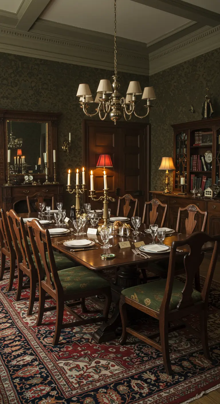 Elegante eetkamer in klassieke landhuisstijl met kaarslicht.