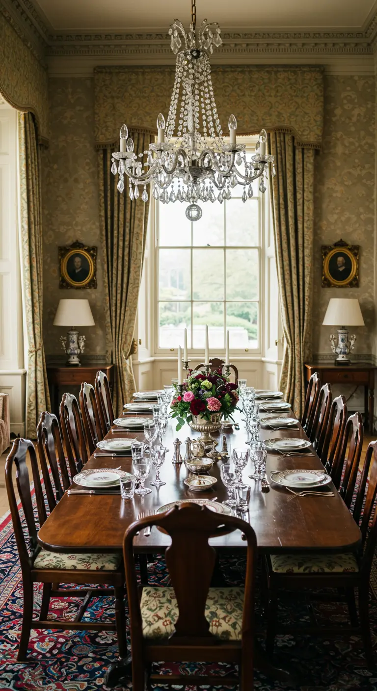 Elegante lange ontbijttafel in klassieke eetkamer van landhuis met kroonluchter.