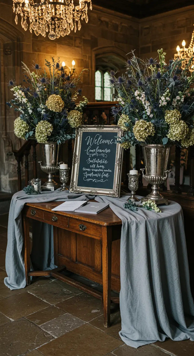 Elegante welkomsttafel met blauw linnen, zilveren vazen en droogbloemen.