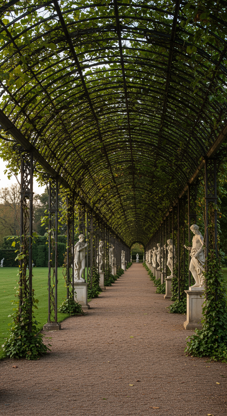 Lange metalen boogpergola begroeid met klimop, met beelden langs een grindpad.