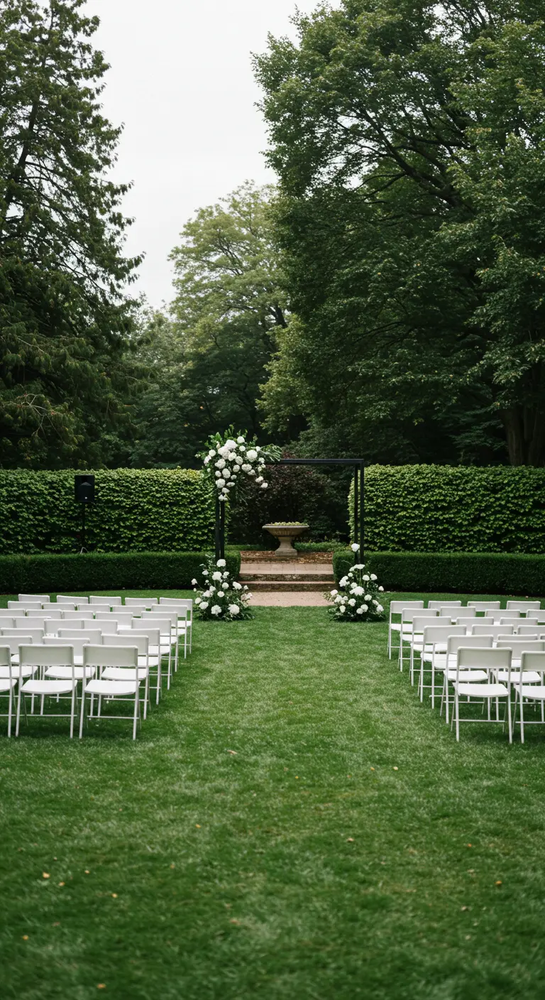 Klassieke tuinceremonie met witte stoelen, groene heg en witte bloemendecoratie.
