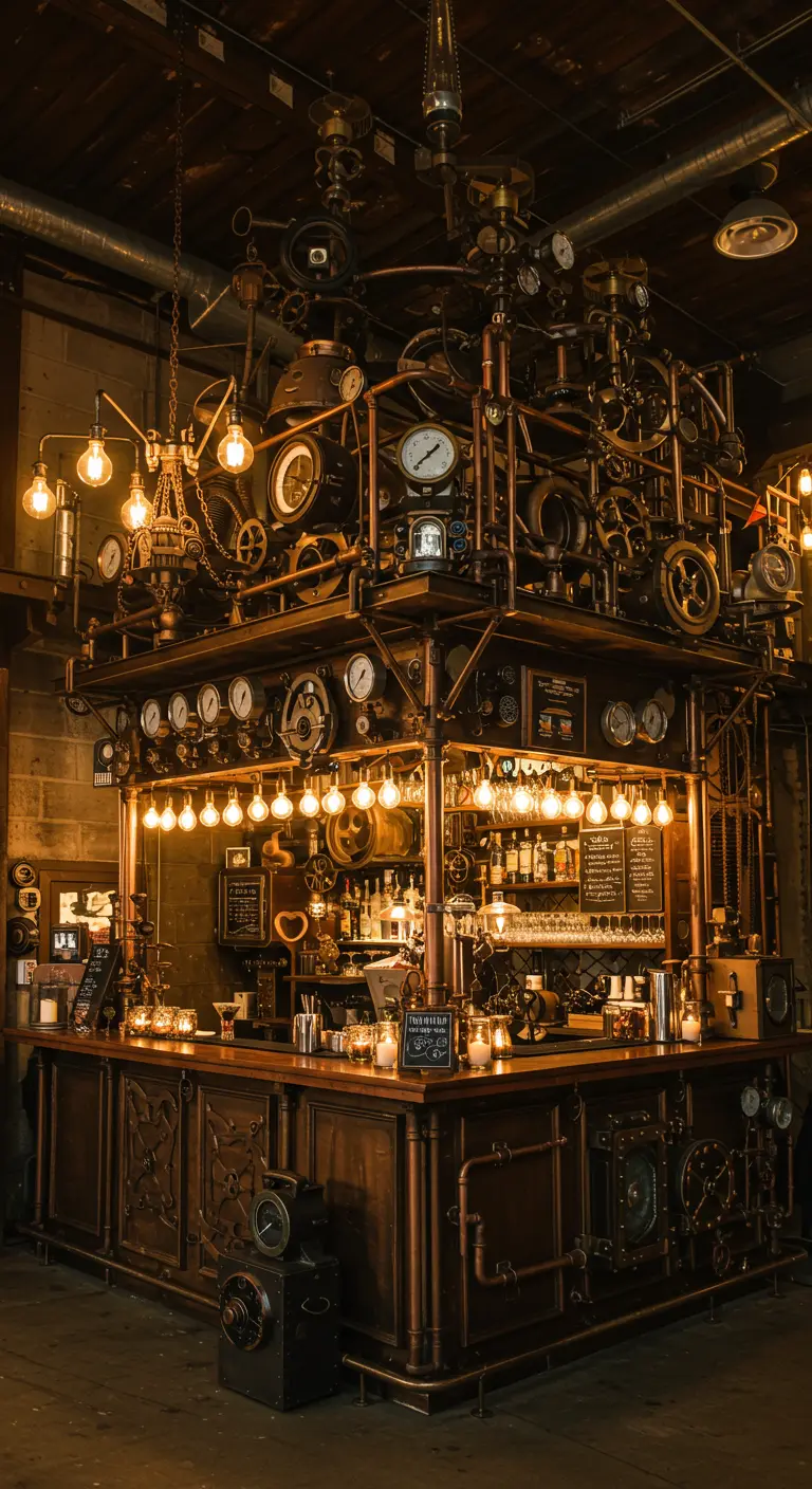 Complexe steampunk bar met koperen buizen, tandwielen, meters en Edison-lampen.