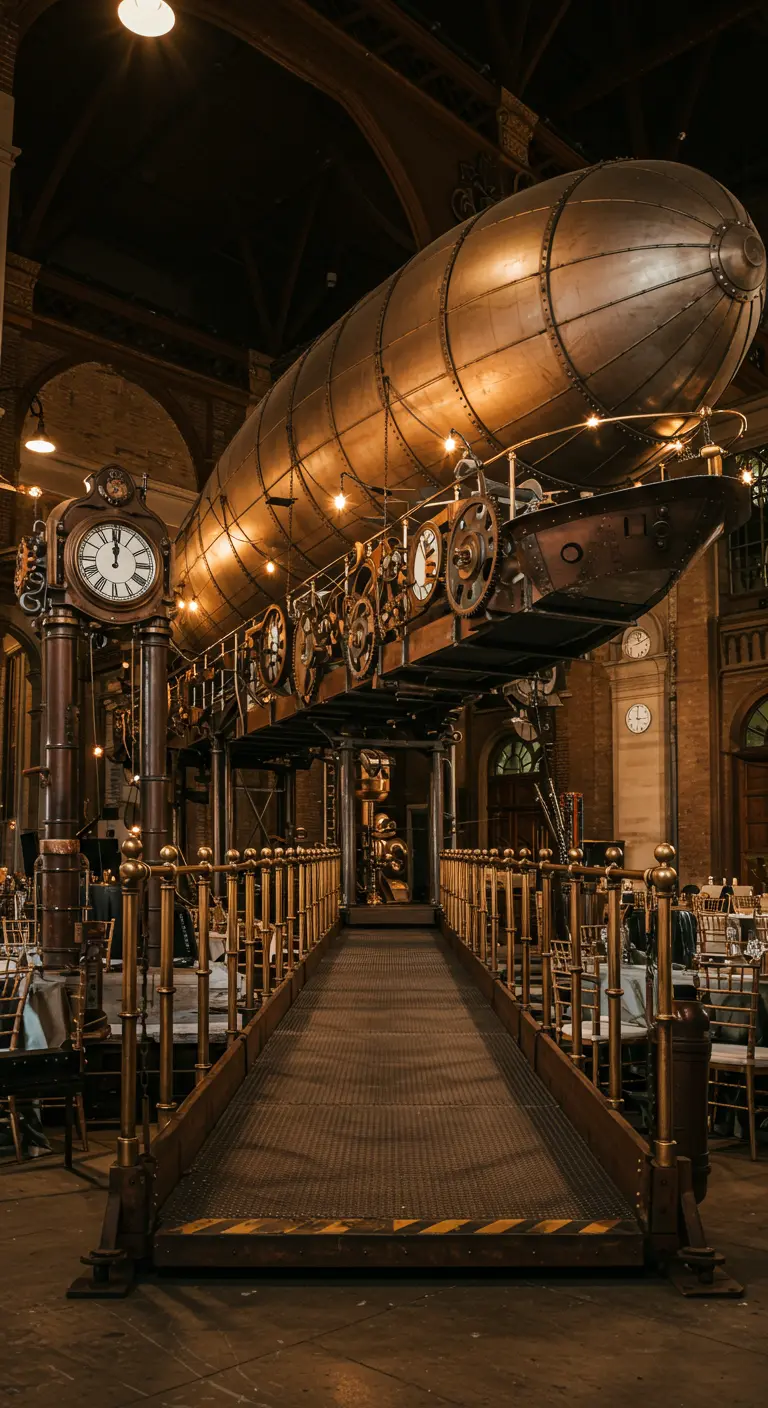 Steampunk entree met groot luchtschip, verhoogde loopbrug en industriële decoratie.