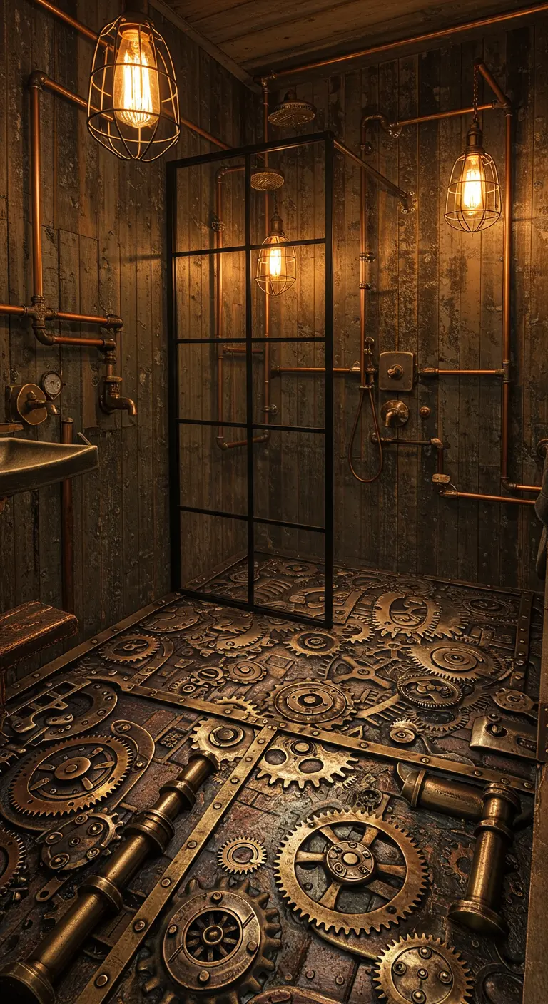 Douchevloer met een steampunk design van in elkaar grijpende metalen tandwielen en platen.