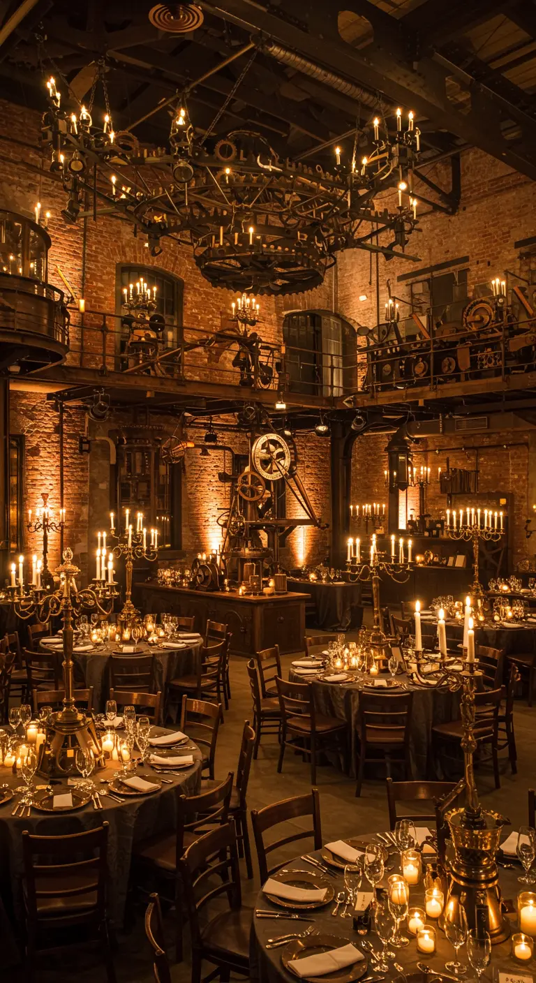 Industriële ruimte in steampunk stijl met kaarsverlichting.