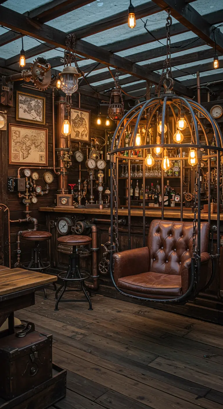 Steampunk buitenbar met metalen kooi-hangstoel, donker hout en koperen details.