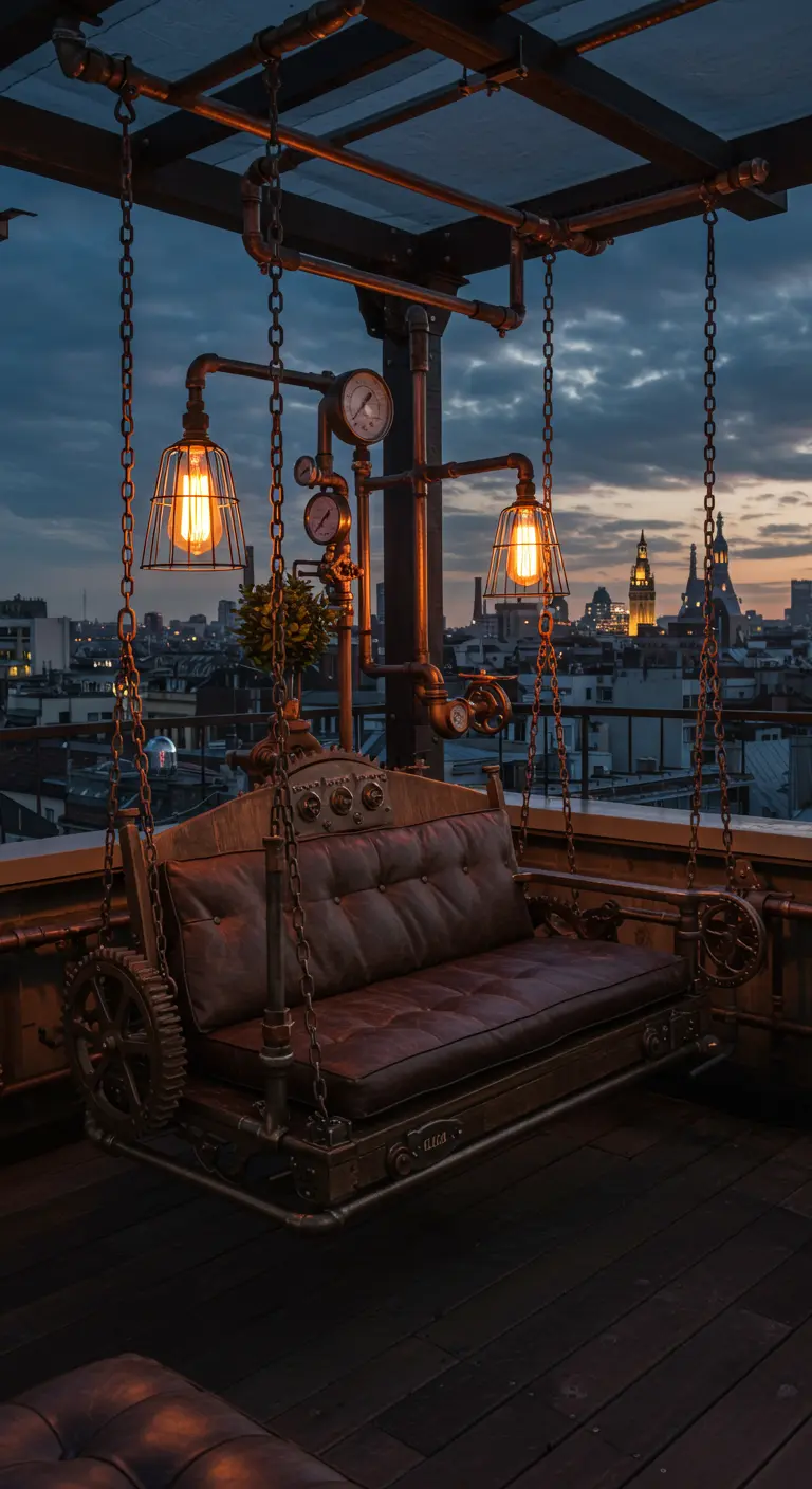 Steampunk schommelbank met leer, koperen buizen en tandwielen op een dakterras.