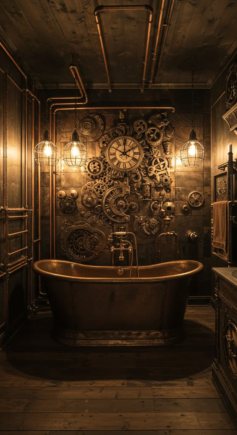 Steampunk badkamer met een bronzen badkuip en een wand van klokken en tandwielen met industriële lampen.
