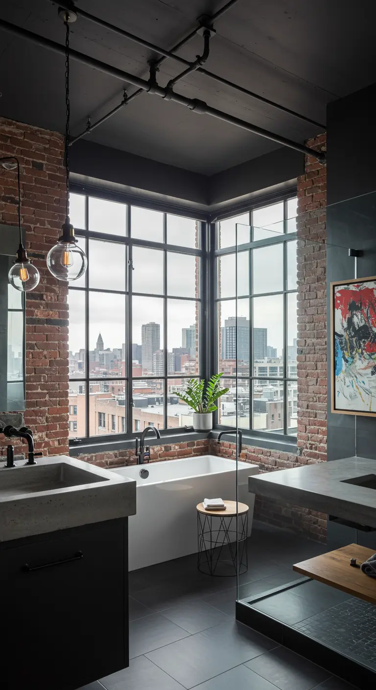 Industriële badkamer met bakstenen muren, grote ramen met stadsuitzicht en betonnen wastafels.