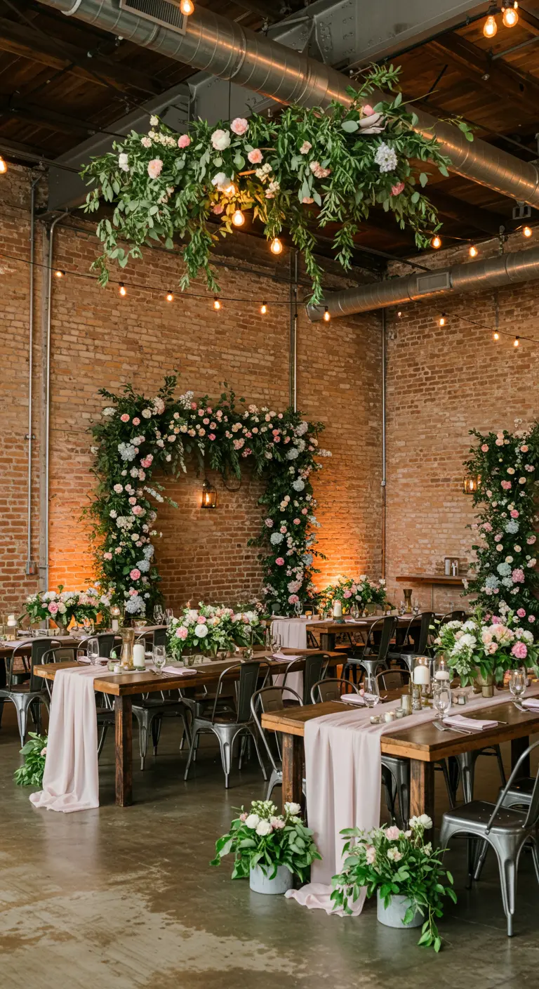Industriële feestlocatie met bakstenen muren, metalen stoelen en overdadige bloemdecoraties.