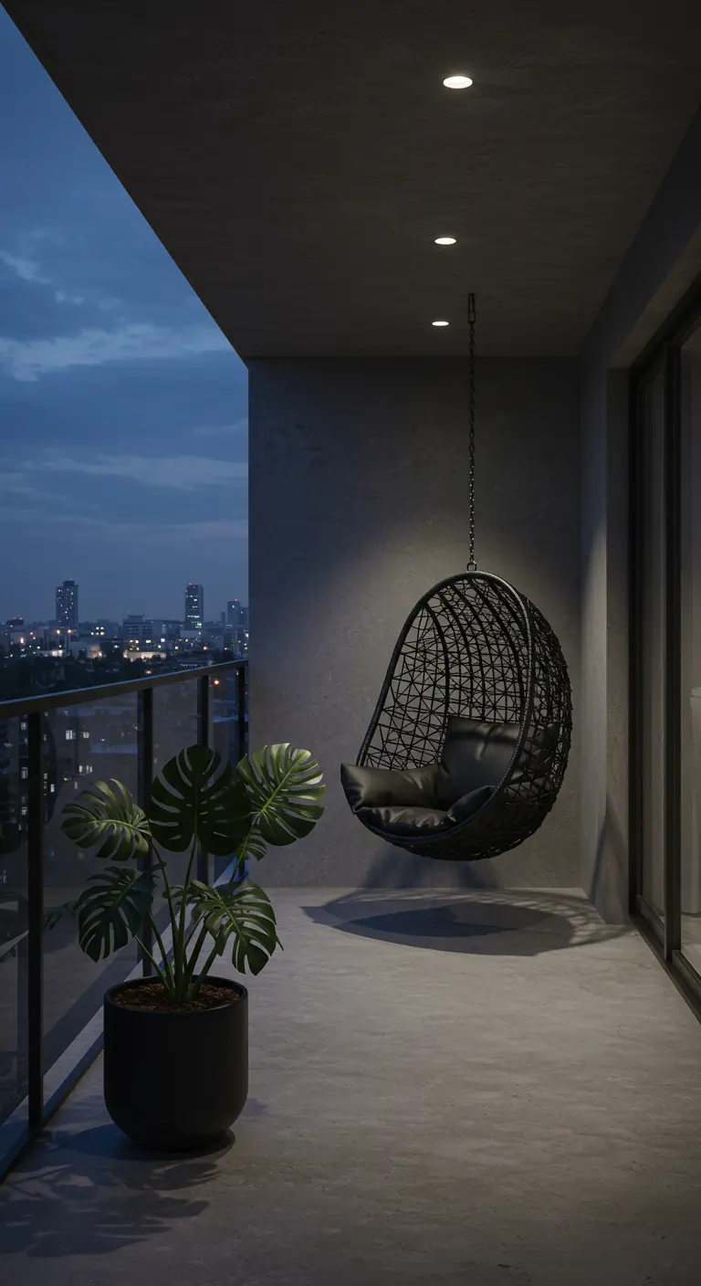 Minimalistisch balkon met zwarte hangstoel, stadszicht, subtiele plafondverlichting en Monstera plant.