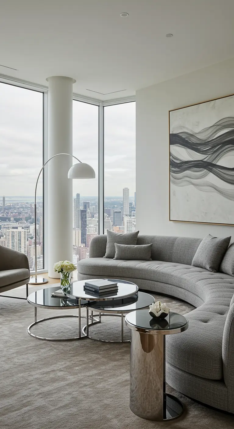 Modern appartement met een grote gebogen grijze bank en ronde glazen salontafels.