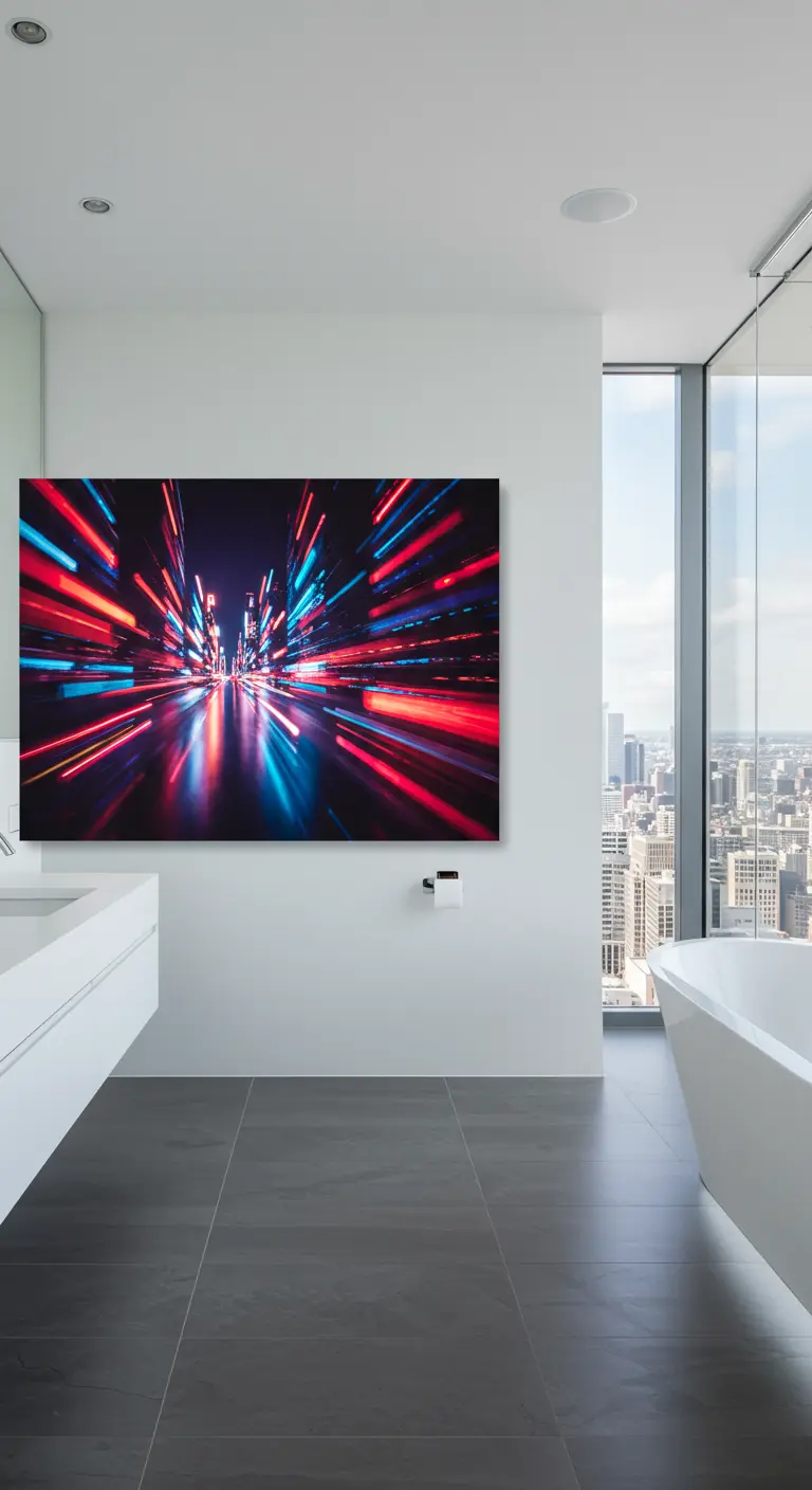 Minimalistische badkamer met uitzicht op de stad en een groot abstract schilderij met kleurrijke lichtstrepen.